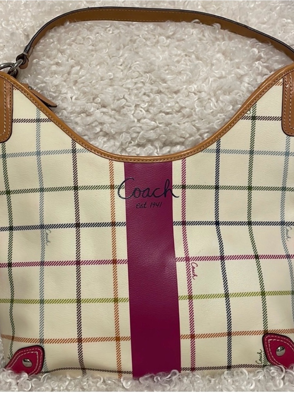 Coach Cream Plaid Shoulder Bag with Pink Center Stripe